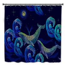 Embroidery Whales Seamless Pattern Blue Whales Float The Night Sea Classical Art Embroidery Big Waves Ocean And Whales Seamless Pattern Template For Clothes Textiles T Shirt Design Bath Decor 157164911