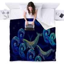 Embroidery Whales Seamless Pattern Blue Whales Float The Night Sea Classical Art Embroidery Big Waves Ocean And Whales Seamless Pattern Template For Clothes Textiles T Shirt Design Blankets 157164911