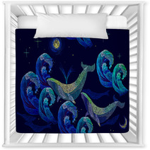 Embroidery Whales Seamless Pattern Blue Whales Float The Night Sea Classical Art Embroidery Big Waves Ocean And Whales Seamless Pattern Template For Clothes Textiles T Shirt Design Nursery Decor 157164911