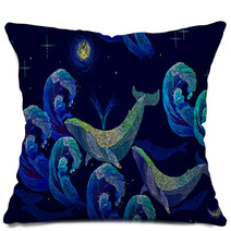 Embroidery Whales Seamless Pattern Blue Whales Float The Night Sea Classical Art Embroidery Big Waves Ocean And Whales Seamless Pattern Template For Clothes Textiles T Shirt Design Pillows 157164911