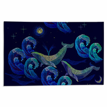 Embroidery Whales Seamless Pattern Blue Whales Float The Night Sea Classical Art Embroidery Big Waves Ocean And Whales Seamless Pattern Template For Clothes Textiles T Shirt Design Rugs 157164911