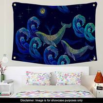 Embroidery Whales Seamless Pattern Blue Whales Float The Night Sea Classical Art Embroidery Big Waves Ocean And Whales Seamless Pattern Template For Clothes Textiles T Shirt Design Wall Art 157164911