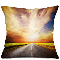 Empty Long And Straight Asphalt Road. Sunset Sky Pillows 52538678