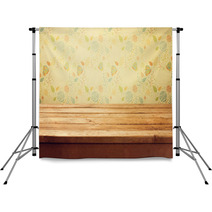 Empty Wooden Deck Table Over Floral Print Wallpaper Backdrops 52675088