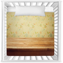 Empty Wooden Deck Table Over Floral Print Wallpaper Nursery Decor 52675088
