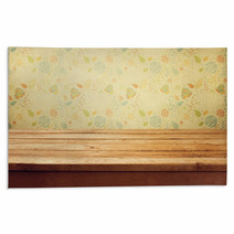 Empty Wooden Deck Table Over Floral Print Wallpaper Rugs 52675088