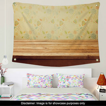 Empty Wooden Deck Table Over Floral Print Wallpaper Wall Art 52675088