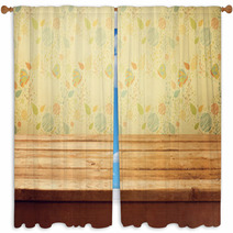 Empty Wooden Deck Table Over Floral Print Wallpaper Window Curtains 52675088