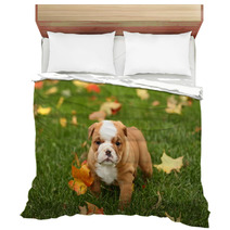 English Bulldog In Grass With Leaves Bedding 17633041