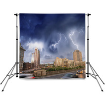 Escaping From City Severe Weather. Cars Speeding Up With Lightni Backdrops 58234508