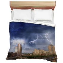 Escaping From City Severe Weather. Cars Speeding Up With Lightni Bedding 58234508