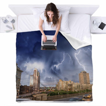 Escaping From City Severe Weather. Cars Speeding Up With Lightni Blankets 58234508