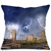 Escaping From City Severe Weather. Cars Speeding Up With Lightni Pillows 58234508