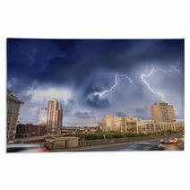 Escaping From City Severe Weather. Cars Speeding Up With Lightni Rugs 58234508