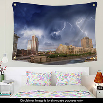 Escaping From City Severe Weather. Cars Speeding Up With Lightni Wall Art 58234508