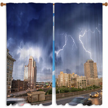 Escaping From City Severe Weather. Cars Speeding Up With Lightni Window Curtains 58234508