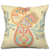 Ethnic Folk Art Of Peacock Bird With Flowering Branch Design Pillows 91391555