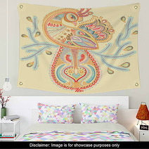Ethnic Folk Art Of Peacock Bird With Flowering Branch Design Wall Art 91391555