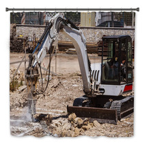 Excavator With Hammer Engaged In Excavation Of Foundation Bath Decor 56589103