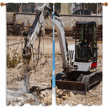 Excavator With Hammer Engaged In Excavation Of Foundation Window Curtains 56589103