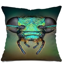 Extreme Sharp And Detailed View Of Green Metallic Bug Pillows 62909216