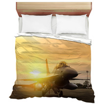 F16 Falcon Fighter Jet Parked On Sunset Background Bedding 119053449