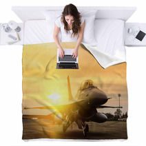 F16 Falcon Fighter Jet Parked On Sunset Background Blankets 119053449