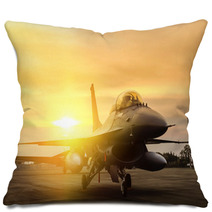 F16 Falcon Fighter Jet Parked On Sunset Background Pillows 119053449