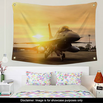 F16 Falcon Fighter Jet Parked On Sunset Background Wall Art 119053449
