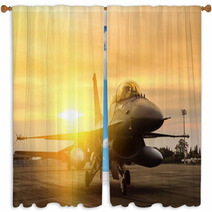 F16 Falcon Fighter Jet Parked On Sunset Background Window Curtains 119053449