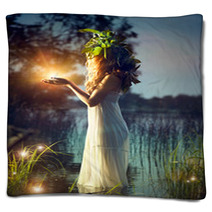 Fantasy Girl Taking Magic Light. Mysterious Night Scene Blankets 65958619