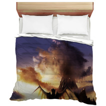 Fantasy Illustration Of A Sunset Mountain Landscape With Flying And Standing Demons With Wings Bedding 171372274
