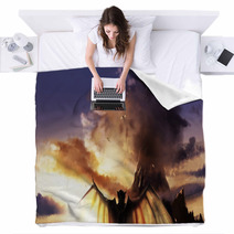 Fantasy Illustration Of A Sunset Mountain Landscape With Flying And Standing Demons With Wings Blankets 171372274