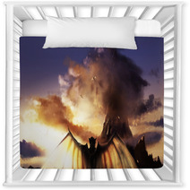 Fantasy Illustration Of A Sunset Mountain Landscape With Flying And Standing Demons With Wings Nursery Decor 171372274