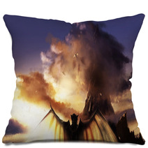 Fantasy Illustration Of A Sunset Mountain Landscape With Flying And Standing Demons With Wings Pillows 171372274