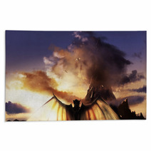 Fantasy Illustration Of A Sunset Mountain Landscape With Flying And Standing Demons With Wings Rugs 171372274