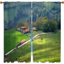 Farm Houses In Mountain With Horses Window Curtains 52283603