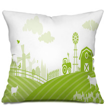 Farm Landscape At Sunset - Illustration Pillows 58858934