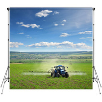 Farming Tractor Plowing And Spraying On Field Vertical Backdrops 14681164