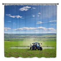 Farming Tractor Plowing And Spraying On Field Vertical Bath Decor 14681164