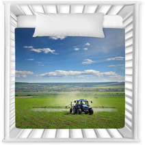 Farming Tractor Plowing And Spraying On Field Vertical Nursery Decor 14681164