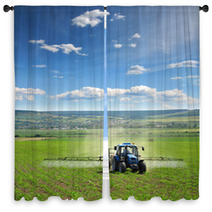 Farming Tractor Plowing And Spraying On Field Vertical Window Curtains 14681164