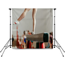 Feet Young Athlete Girls Gymnast Exercises On Balance Beam Backdrops 142927800