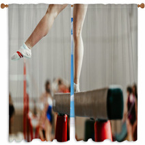 Feet Young Athlete Girls Gymnast Exercises On Balance Beam Window Curtains 142927800
