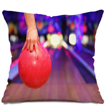 Female Hand Holding Ball Before Throwing In Bowling Club Pillows 38031389