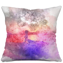 Female In Yoga Pose Watercolour Background Pillows 135146463