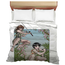 Female Ninja Attacks - Anime Style - Nature Background Bedding 32441692