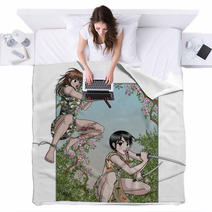 Female Ninja Attacks - Anime Style - Nature Background Blankets 32441692