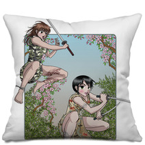 Female Ninja Attacks - Anime Style - Nature Background Pillows 32441692