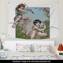 Female Ninja Attacks - Anime Style - Nature Background Wall Art 32441692